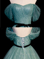 Green A line Tulle Sequin Long Formal Prom Dresses, Green Tulle Graduation Dresses