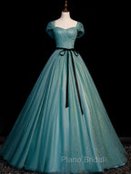 Green A line Tulle Sequin Long Formal Prom Dresses, Green Tulle Graduation Dresses