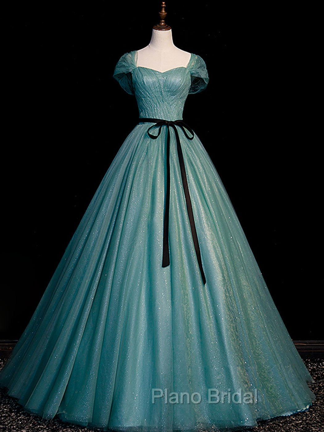 Green A line Tulle Sequin Long Formal Prom Dresses, Green Tulle Graduation Dresses