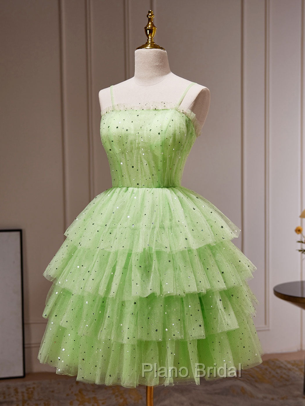 Green A-Line Tulle Short Formal Prom Dresses, Green Homecoming Dresses