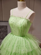 Green A-Line Tulle Short Formal Prom Dresses, Green Homecoming Dresses