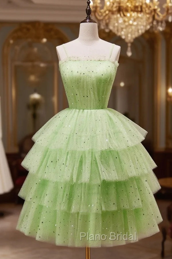 Green A-Line Tulle Short Formal Prom Dresses, Green Homecoming Dresses Main image