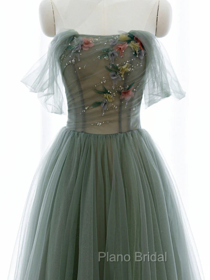 Green A-line Tulle with Lace Applique Long Formal Dresses, Green Formal Prom Dresses Secondary image