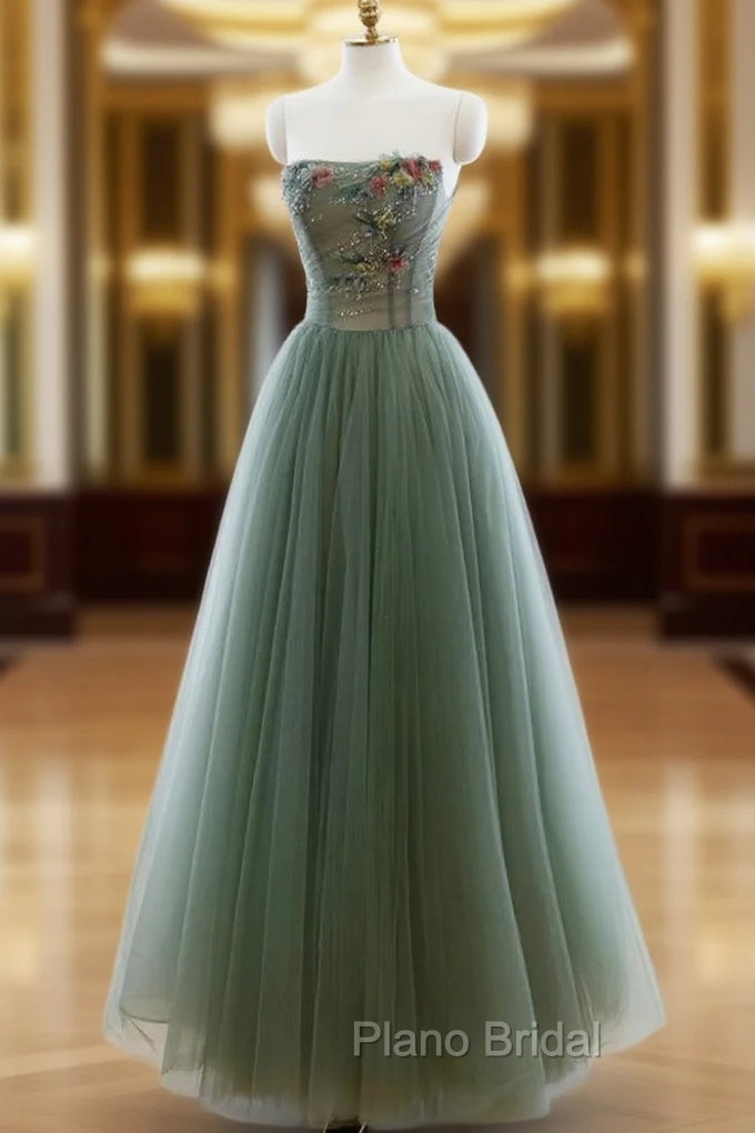 Green A-line Tulle with Lace Applique Long Formal Dresses, Green Formal Prom Dresses