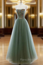 Green A-line Tulle with Lace Applique Long Formal Dresses, Green Formal Prom Dresses