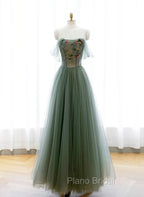Green A-line Tulle with Lace Applique Long Formal Dresses, Green Formal Prom Dresses
