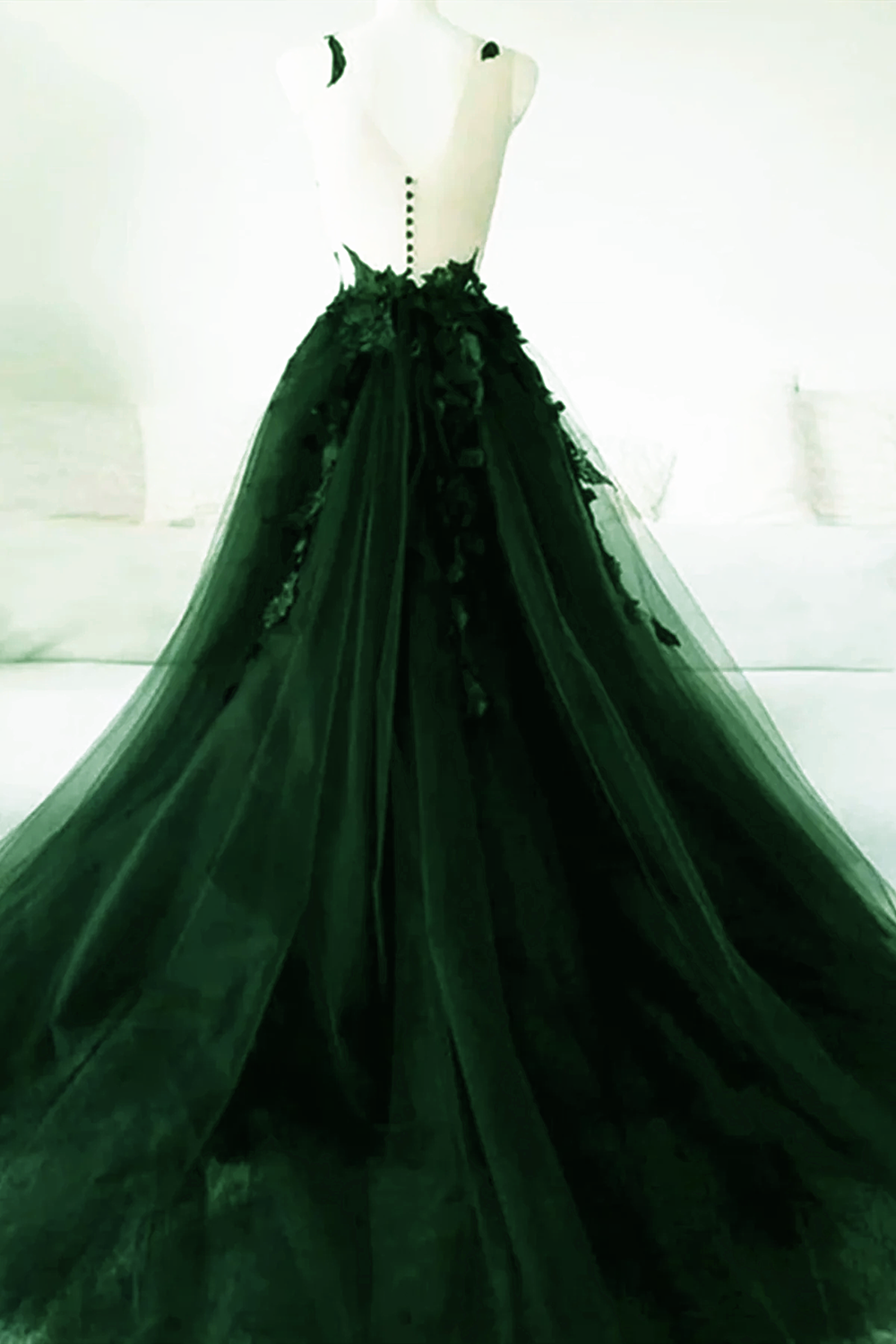 Green A-Line Tulle With Lace Low Back Formal Prom Dresses, Green Tulle Formal Evening Dresses Party Dresses