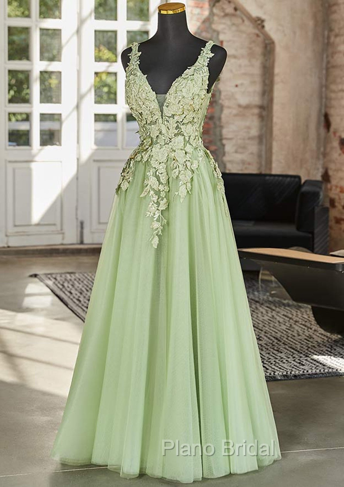 Green A-line V-neckline Tulle with Lace Long Party Dresses, Green Tulle Formal Prom Dresses Secondary image