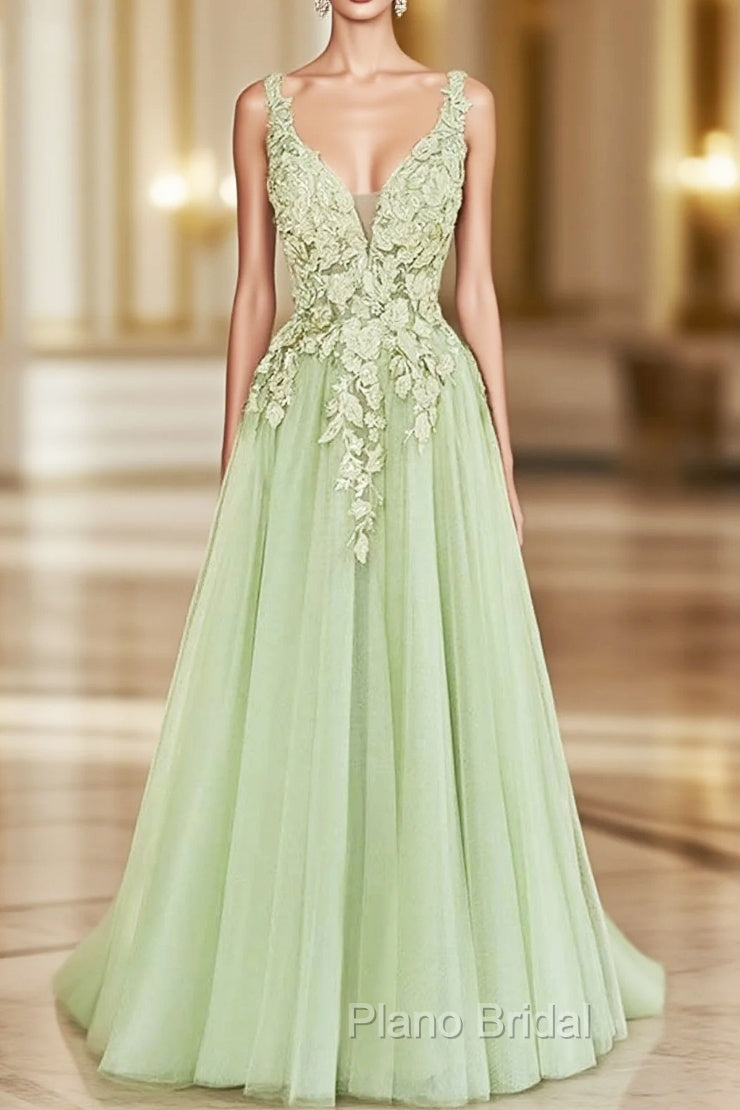 Green A-line V-neckline Tulle with Lace Long Party Dresses, Green Tulle Formal Prom Dresses Main image