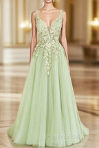 Green A-line V-neckline Tulle with Lace Long Party Dresses, Green Tulle Formal Prom Dresses