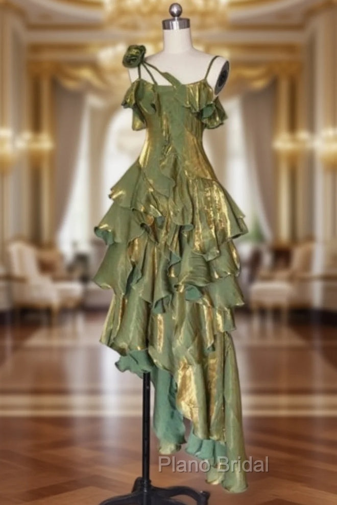 Green Asymmetrical Layered Flounce Spaghetti Strap Dresses Evening Gown Main image