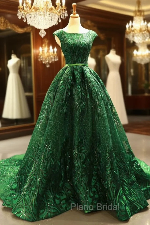 Green Ball Gown Lace Sequins Backless Cap Sleeve Formal Prom Dresses