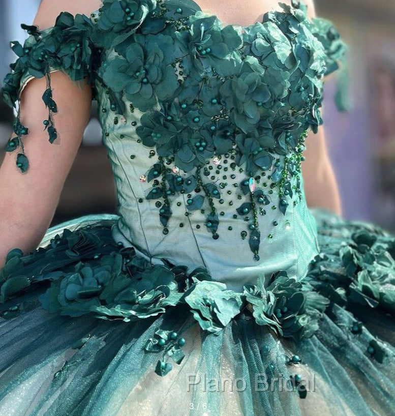 Green Ball Gown Off Shoulder 3D Flowers Beads Applique Quinceanera Dresses Secondary image