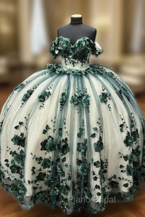 Green Ball Gown Off Shoulder 3D Flowers Beads Applique Quinceanera Dresses Main image