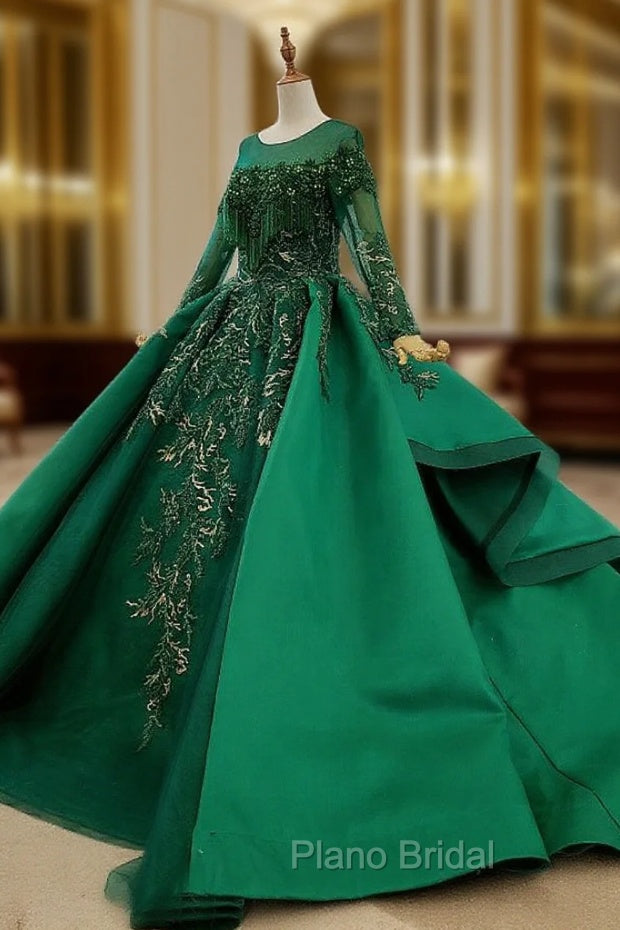 Green Ball Gown Satin Long Sleeve Beading Sequins Appliques Wedding Dresses
