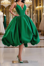 Green Ball Gown Satin Short Formal Prom Dress, Green Satin Evening Dress