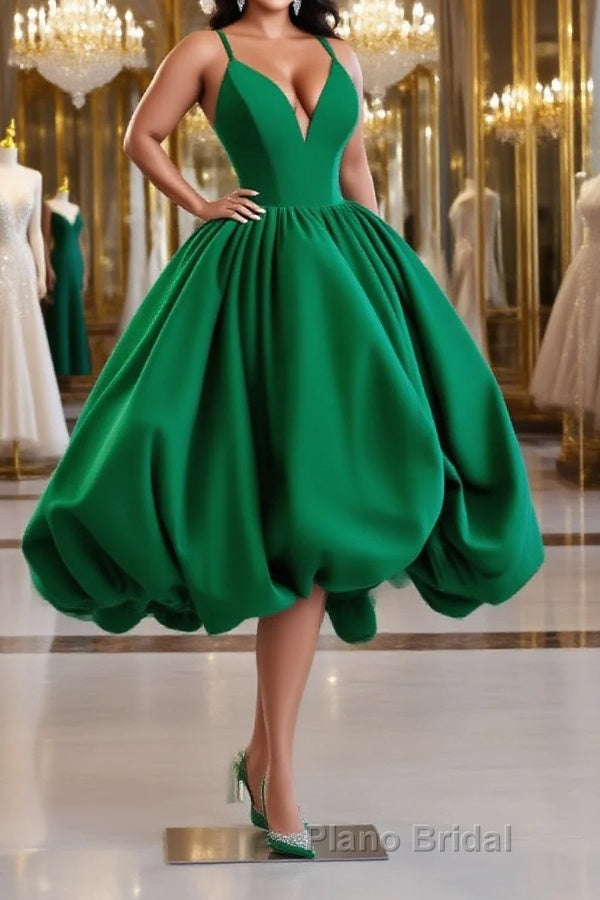 Green Ball Gown Satin Short Formal Prom Dress, Green Satin Evening Dress