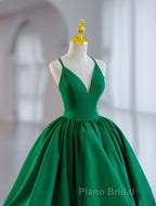 Green Ball Gown Satin Short Formal Prom Dress, Green Satin Evening Dress