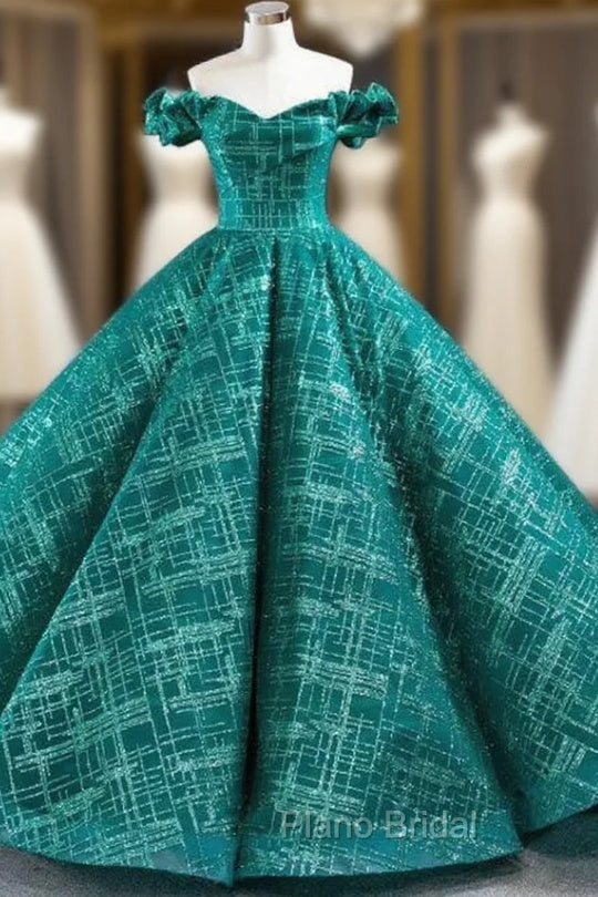 Green Ball Gown Sequins Off the Shoulder Floor Length Formal Prom Dresses