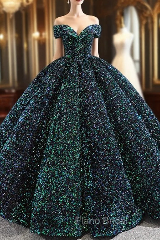 Green Ball Gown Sequins Off the Shoulder Luxury Formal Prom Dresses