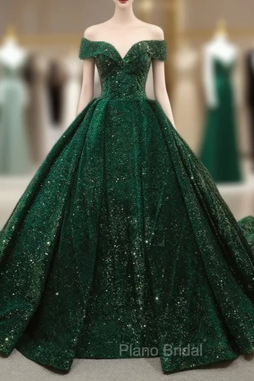 Green Ball Gown Sequins Off the Shoulder Quinceanera Dresses