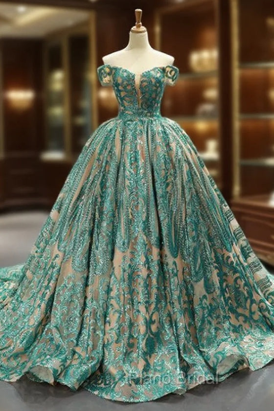 Green Ball Gown Sequins Off The Shoulder Wedding Dresses With Train