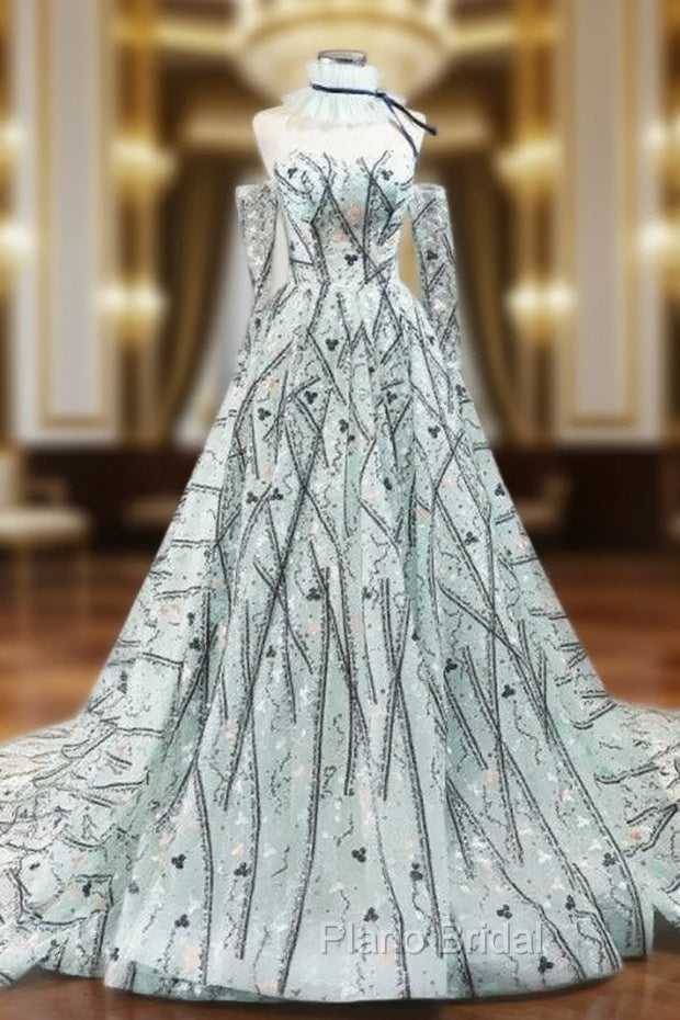 Green Ball Gown Sequins Sweetheart Long Sleeve Embroidery Formal Prom Dresses