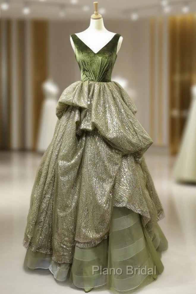 Green Ball Gown Sequins V-neck Backless Luxury Formal Prom Dresses Main image