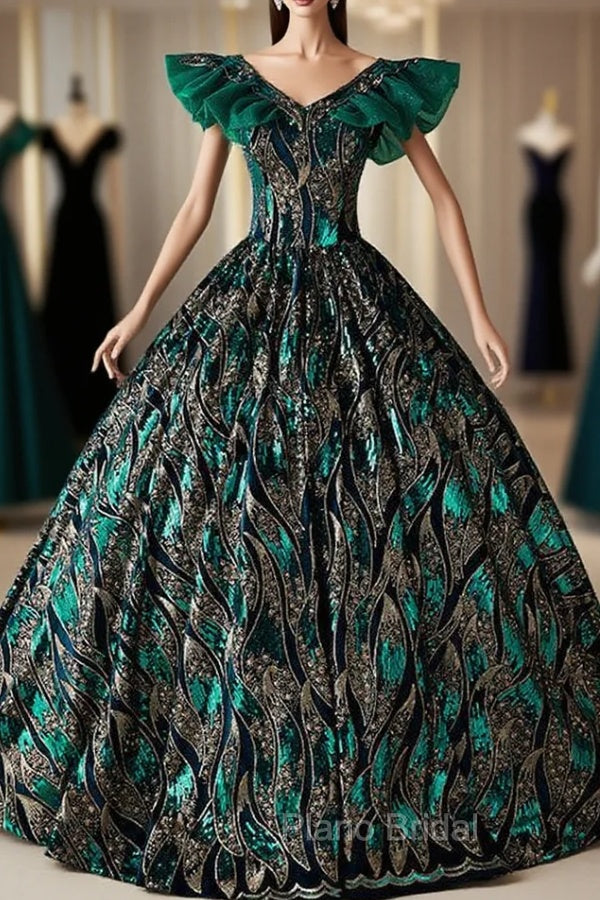 Green Ball Gown Sequins V-neck Quinceanera Dresses