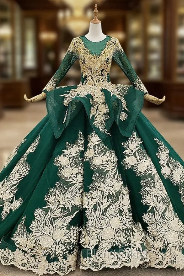 Green Ball Gown Tulle Appliques Backless Long Sleeve Beading Wedding Dresses