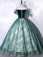 Green Ball Gown Tulle Beaded Off Shoulder Sweet 16 Dresses, Green Evening Gown