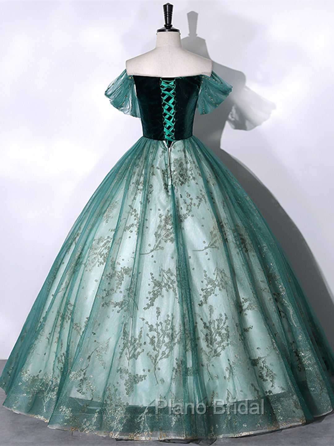 Green Ball Gown Tulle Beaded Off Shoulder Sweet 16 Dresses, Green Evening Gown