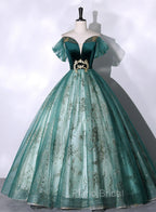 Green Ball Gown Tulle Beaded Off Shoulder Sweet 16 Dresses, Green Evening Gown