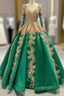 Green Ball Gown Tulle Gold Sequins Appliques V-neck Formal Prom Dresses