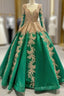 Green Ball Gown Tulle Gold Sequins Appliques V-neck Formal Prom Dresses