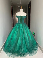 Green Ball Gown Tulle Off Shoulder with Lace Applique, Green Sweet 16 Dresses Party Dresses