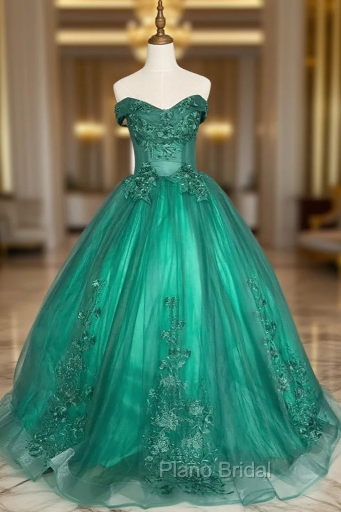 Green Ball Gown Tulle Off Shoulder with Lace Applique, Green Sweet 16 Dresses Party Dresses Main image