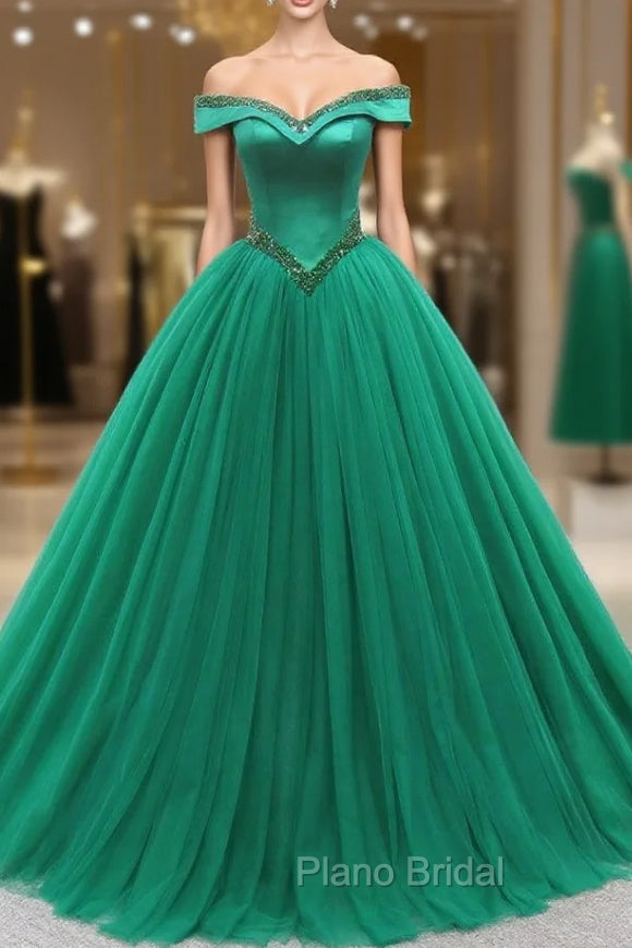 Green Ball Gown Tulle Off the Shoulder Beading Formal Prom Dresses Main image