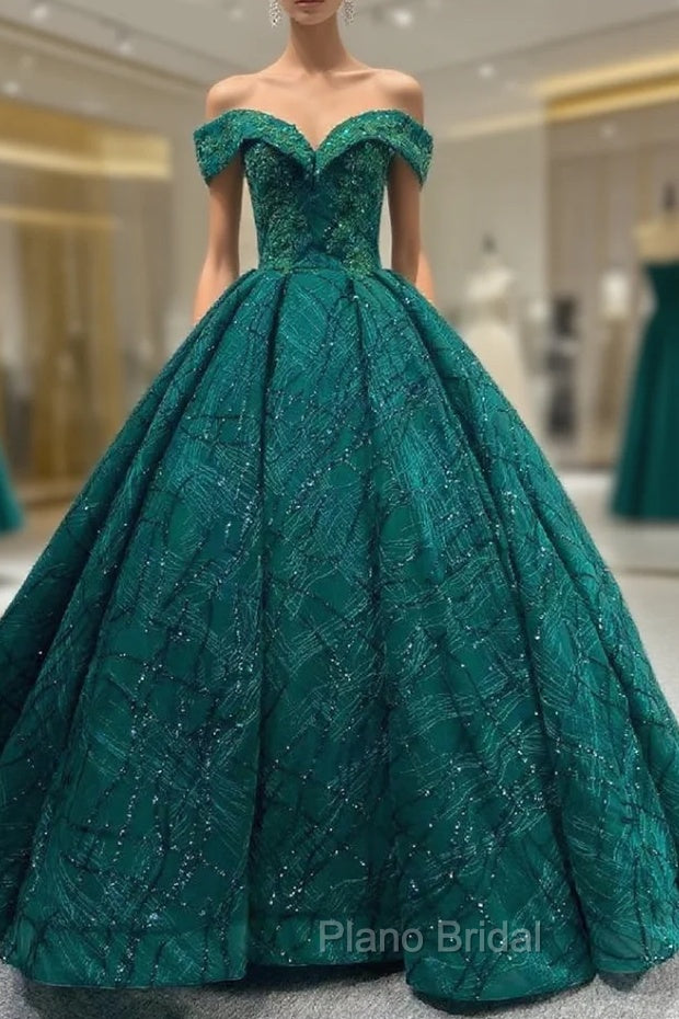 Green Ball Gown Tulle Sequins Appliques Formal Prom Dresses