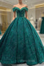 Green Ball Gown Tulle Sequins Appliques Formal Prom Dresses