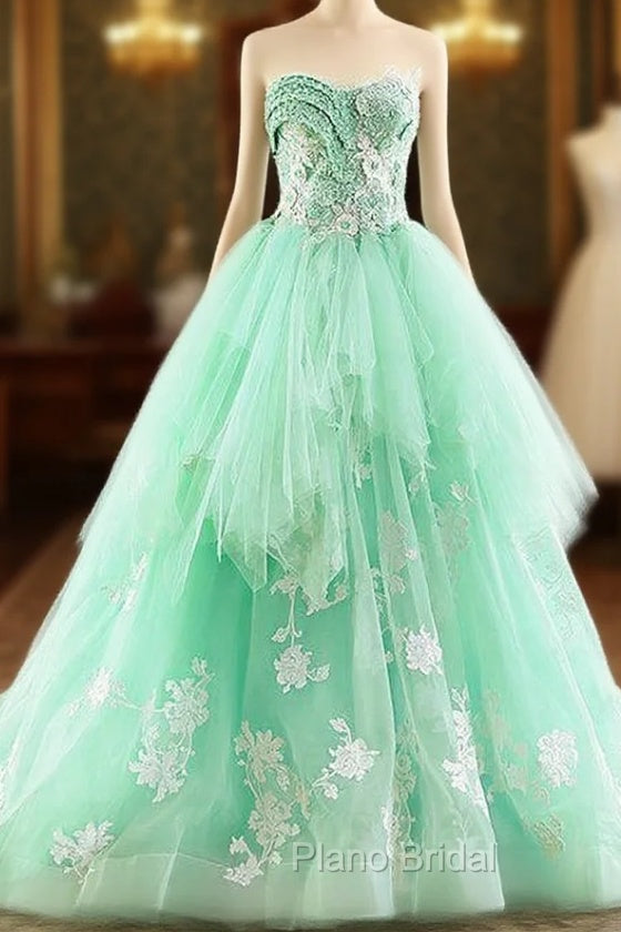 Green Ball Gown Tulle Sweetheart Appliques Wedding Dresses Main image