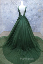 Green Beaded and Lace V-neckline Low Back Long Party Dresses, Green Evening Dresses Party Dresses
