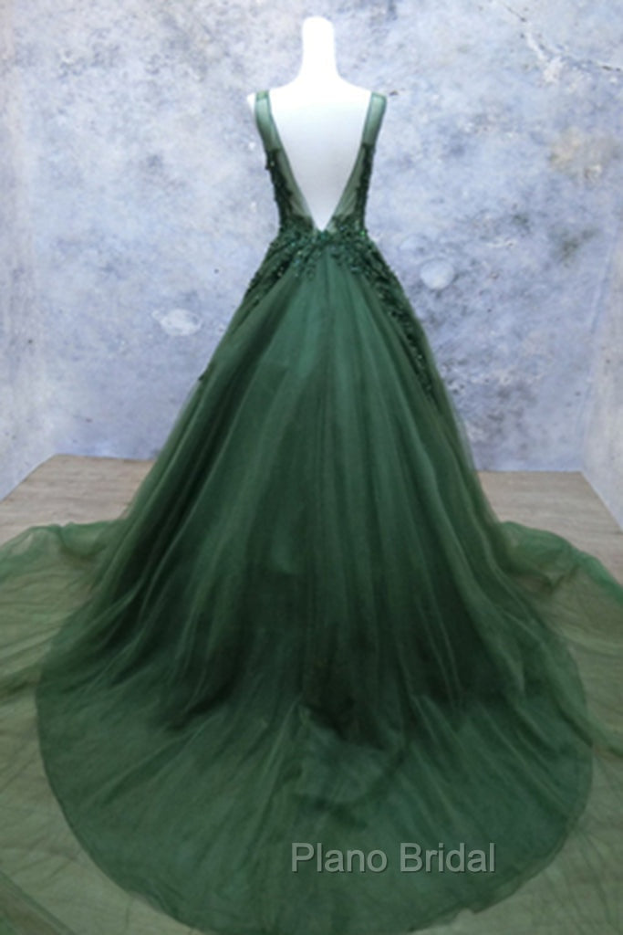Green Beaded and Lace V-neckline Low Back Long Party Dresses, Green Evening Dresses Party Dresses Secondary image