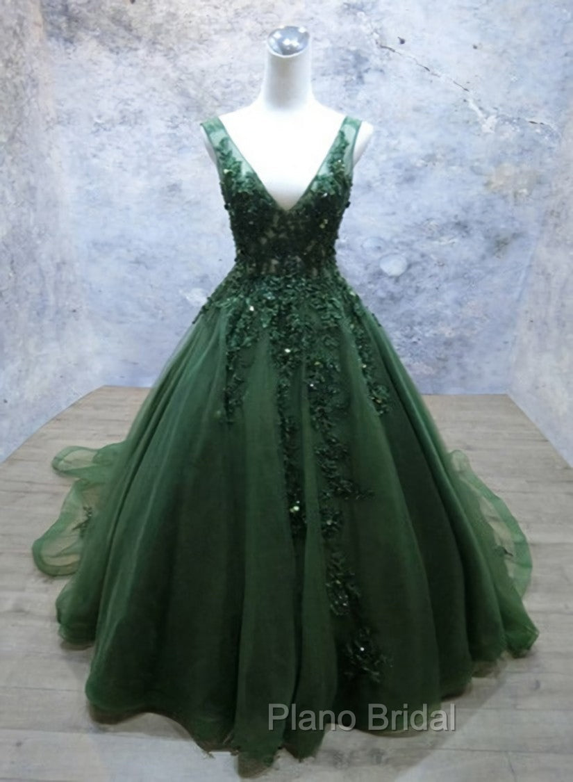 Green Beaded and Lace V-neckline Low Back Long Party Dresses, Green Evening Dresses Party Dresses