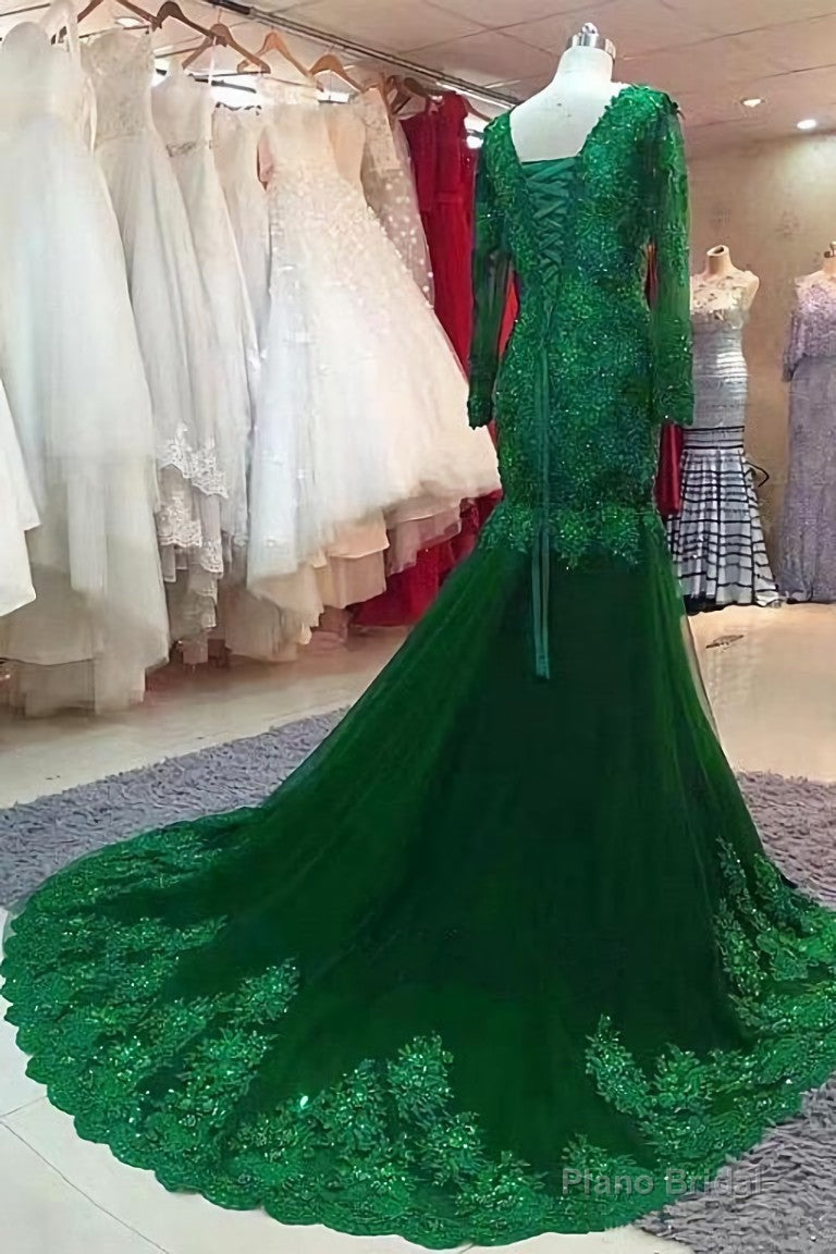 Green Beaded Lace Bride Mothers Evening Gown Long Sleeve Main image
