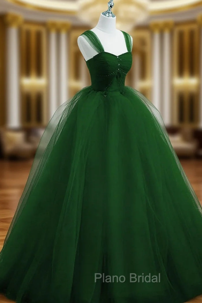 Green Beaded Tulle Off Shoulder Long Party Dresses, Green Tulle A-line Formal Prom Dresses Main image