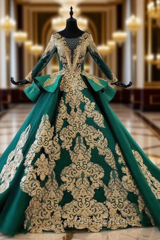 Green Bll Gown Satin Gold Appliques Long Sleeve Backless Wedding Dresses Main image