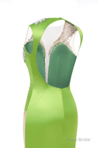 Green Deep V Neck Mermaid Satin Prom Dresses Sparkly Beaded Pageant Crystals Evening Formal Dresses