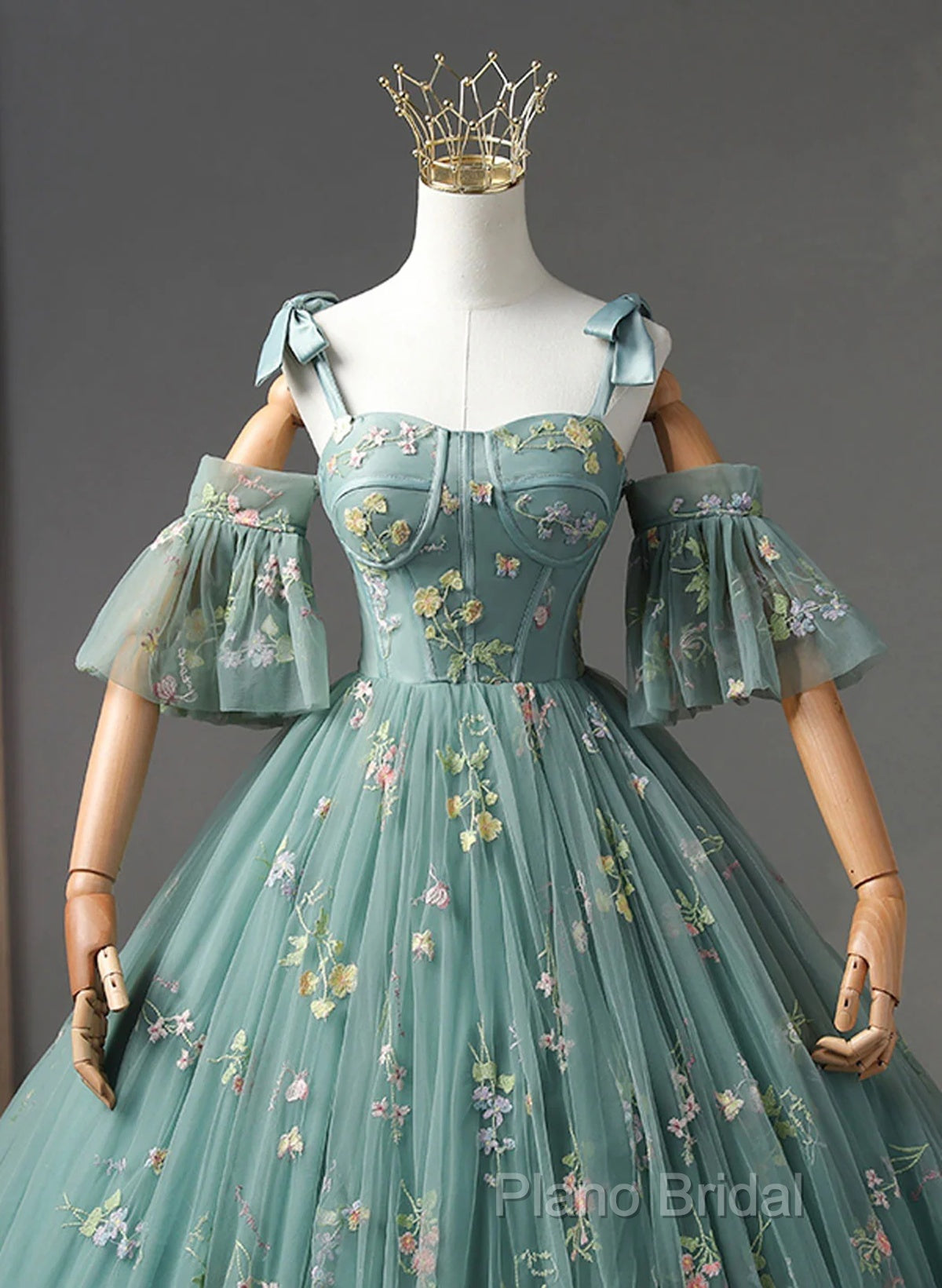 Green Floral Straps Sweetheart Long Party Dresses, Green Sweet 16 Dresses