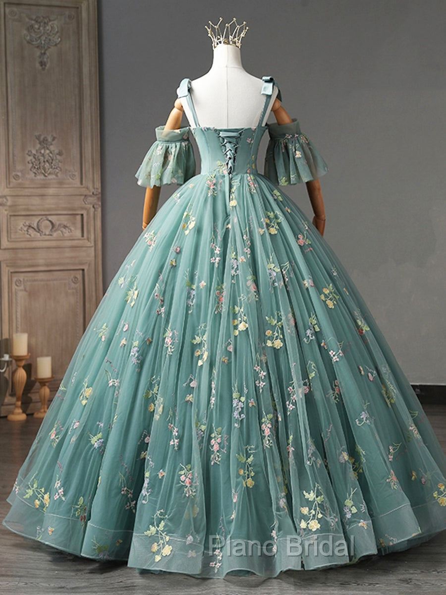 Green Floral Tulle Long Formal Prom Dresses Cute Off Shoulder Evening Party Dresses Beautiful Secondary image
